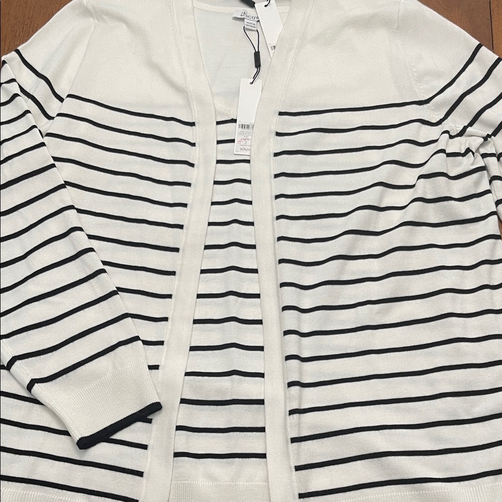 NWT Chicos Striped Sweater Set Cardigan Matching Tank Black & White Striped Sz 2